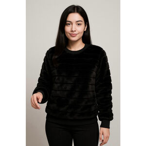 Women's Black Faux Fur Crew Neck Sweater Juniors M Lux Cozy Soft Goth Minimalist